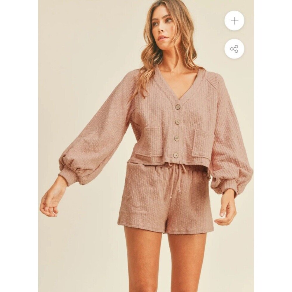 Mable Cardigan Set Haley Crop Womens Large Rose Shorts Pockets Lounge Casual
